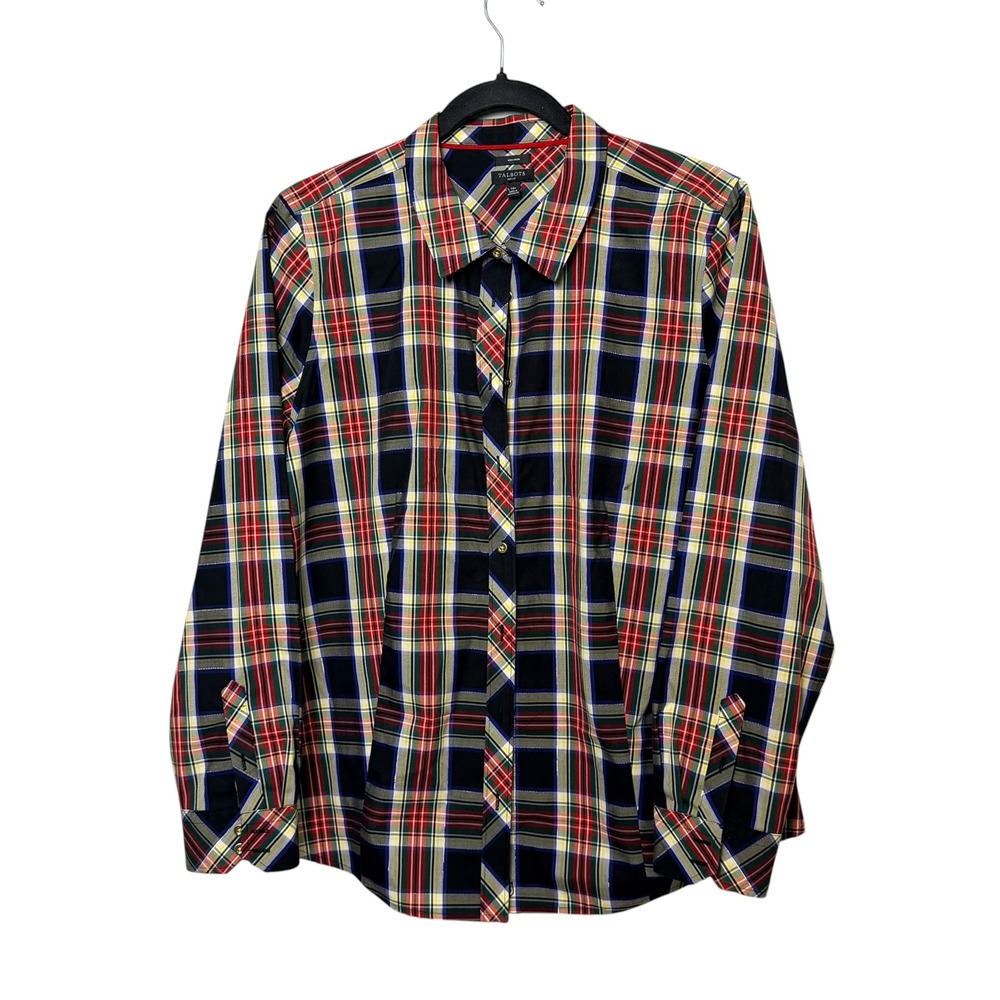 Talbots Petite 16P Non-Iron Plaid Button Down Shirt Metallic Gold Thread Multi
